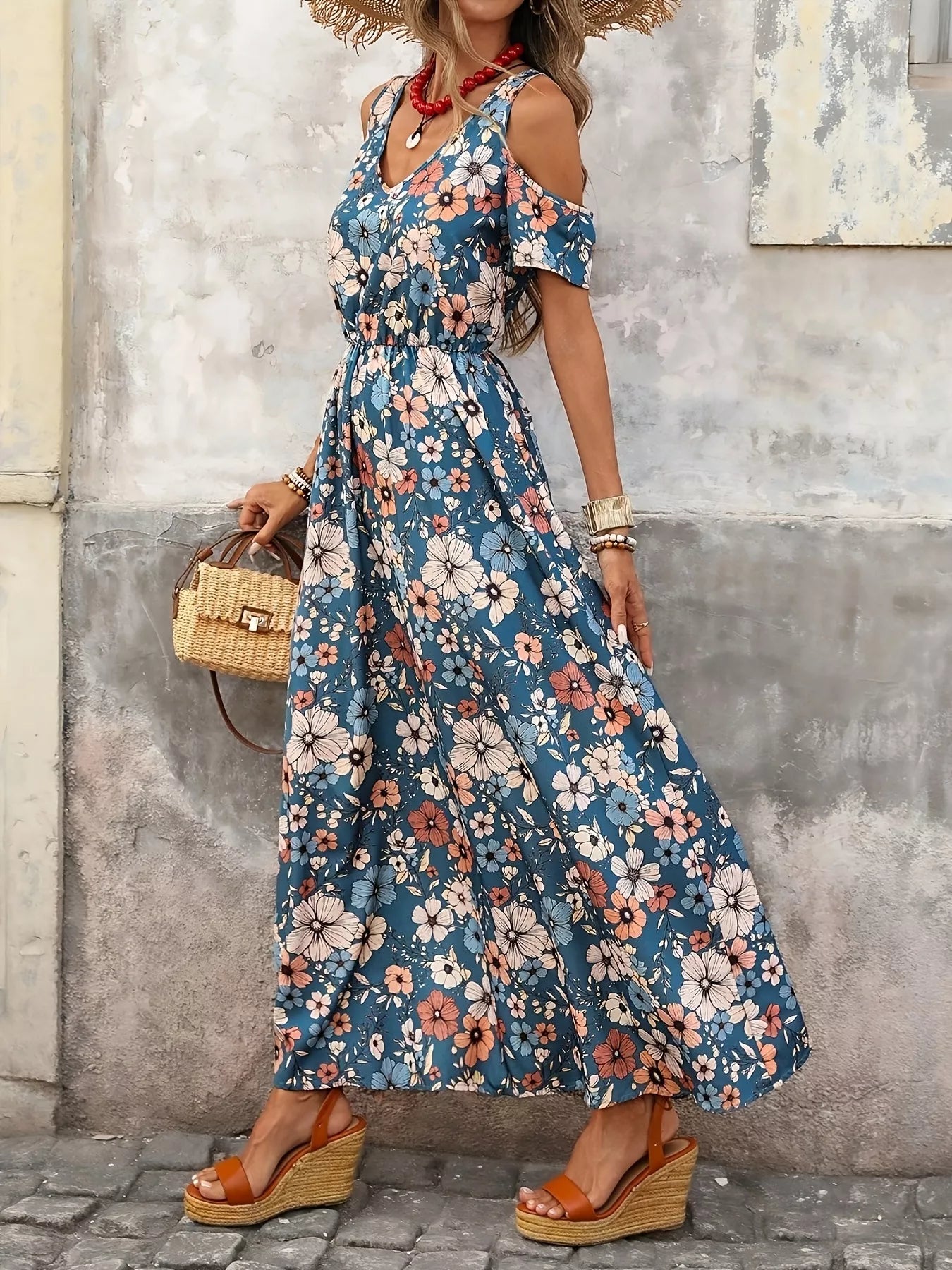 Cold Shoulder Floral Print Maxi Dress