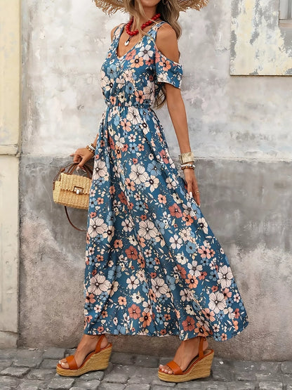 Cold Shoulder Floral Print Maxi Dress