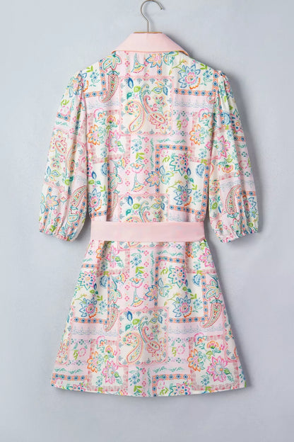 Floral Print Color Block Trim Half Button Belted Mini Dress