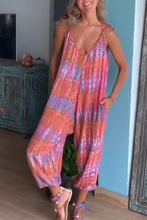 Rosiedress V Neck Tie Shoulder Pockets Tie Dye Cami Jumpsuit