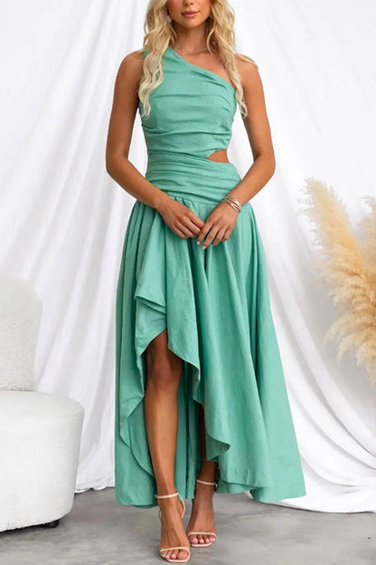 One Shoulder Cut Out High Low Hem Maxi Swing Dress Green