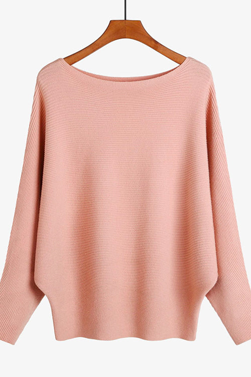 Boat Neck Batwing Sleeves Ribbed Knit Sweater Pink S M