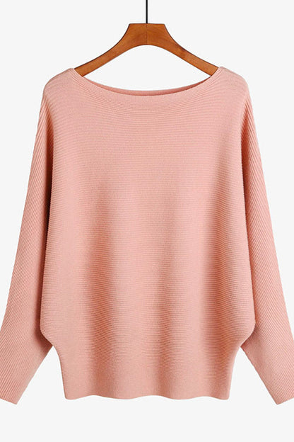 Rosiedress Boat Neck Batwing Sleeves Ribbed Knit Sweater Pink S M