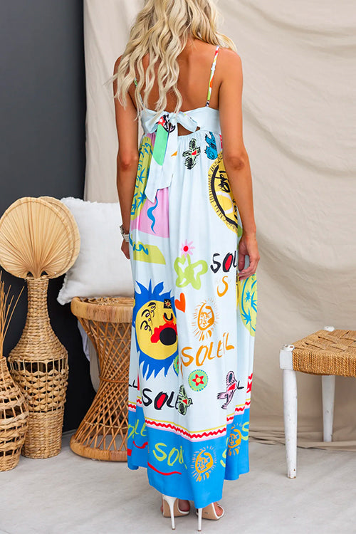 Spaghetti Strap Bow Back Soleil Print Maxi Holiday Dress