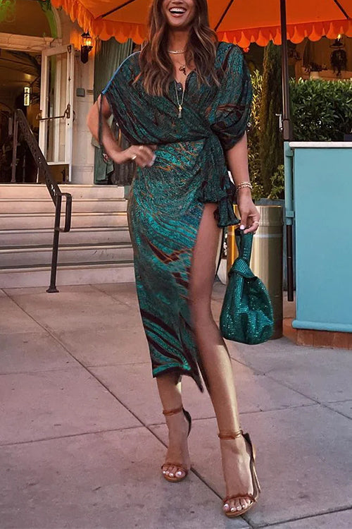 Wrap V Neck Drawstring Batwing Sleeves Slit Printed Midi Dress Green