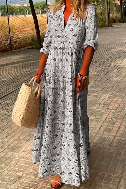 V Neck Long Sleeves Tiered Printed Maxi Dress Gray