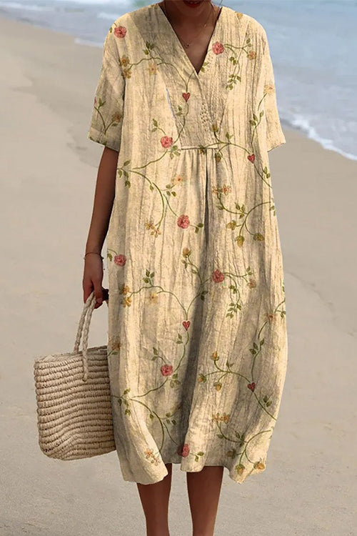 V Neck Short Sleeves Floral Print Loose Midi Vacation Dress Yellow