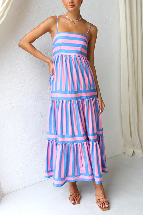 Rosiedress Spaghetti Strap Tiered Color Block Striped Maxi Dress