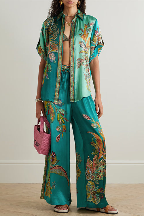 Rosiedress Roll Up Short Sleeves Shirt and Wide Leg Pants Printed Satin Set