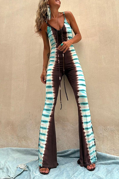 V Neck Lace-up Backless Bell Bottoms Tie Dye Cami Jumpsuit