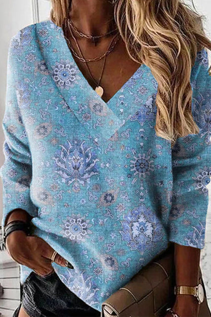 Rosiedress V Neck Long Sleeves Unique Print Top