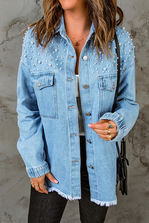 Pearls Beading Raw Hem Distressed Denim Shirt Jacket