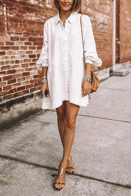 Collared Long Sleeves Button Up Plain Shirt Dress