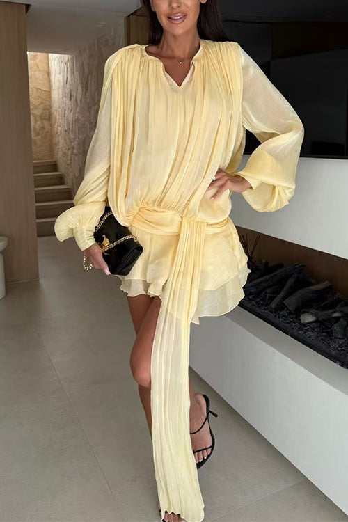 Lantern Long Sleeves Draped Ruffle Layered Mini Dress with Shorts