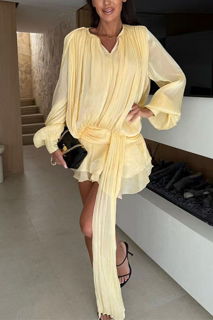 Lantern Long Sleeves Draped Ruffle Layered Mini Dress with Shorts