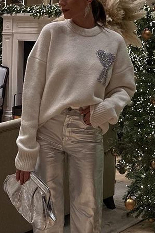 Solid Crewneck Drop Shoulder Slouchy Pullover Sweater White