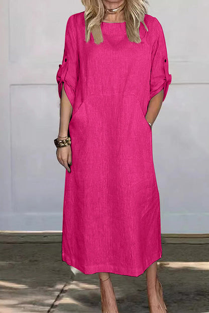 Rolled Up Sleeves Pocketed Cotton Linen Maxi Shift Dress HotPink