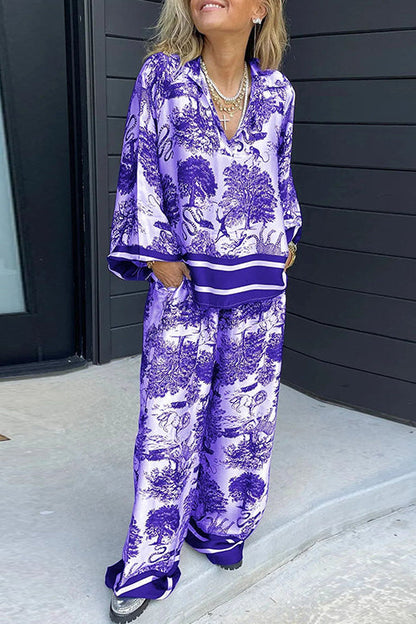 Lapel V Neck Long Sleeves Shirt Wide Leg Pants Printed Casual Set Purple