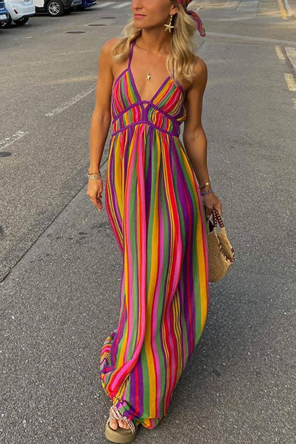 Rosiedress V Neck Backless Rainbow Stripes Cami Maxi Holiday Dress