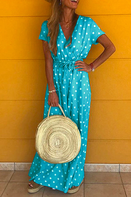 Rosiedress V Neck Short Sleeve Tie Waist Polka Dot Maxi Holiday Dress Blue