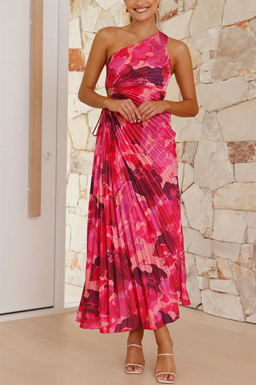 Rosiedress One Shoulder Asymmetrical Pleated Floral Maxi Dress