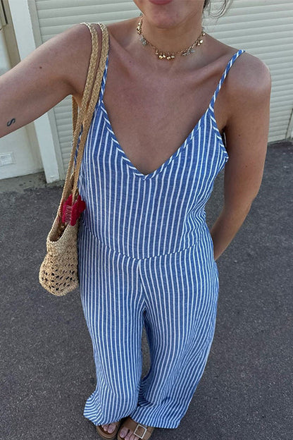 Rosiedress V Neck Backless Wide Leg Striped Cami Jumpsuit