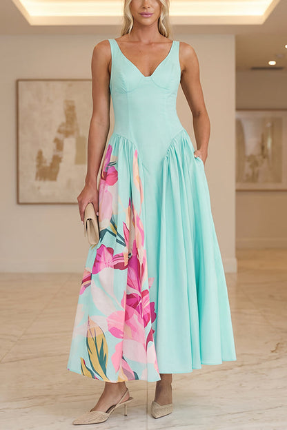 V Neck Sleeveless Basque Waist Floral Print Maxi Dress
