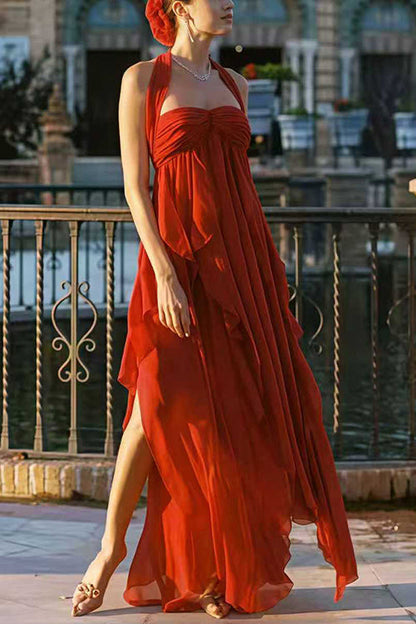 Sleeveless Open Back Ruffle Trim Slit Maxi Dress