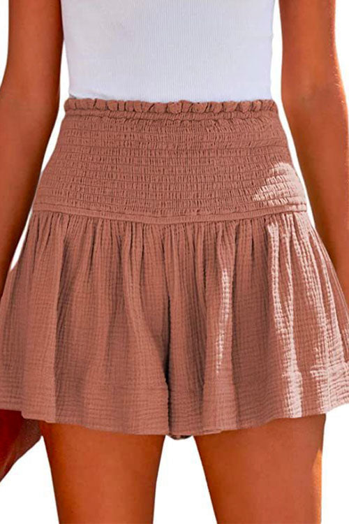 Rosiedress Elastic Smocked Waist Wide Leg Solid Shorts Pink