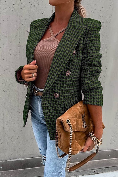 Claasic Double Breasted Slim Fit Houndstooth Blazer Green