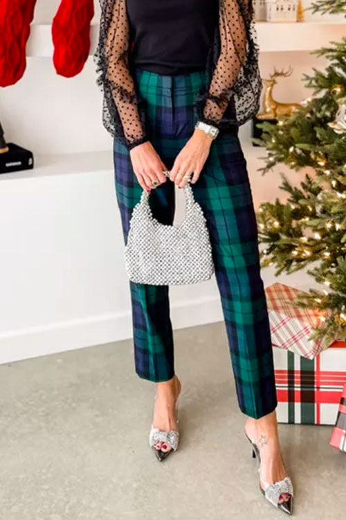 High Waist Straight Leg Ankle Work Plaid Pants Green