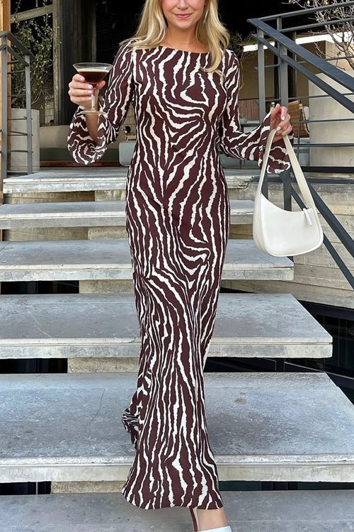 Rosiedress Boat Neck Bell Sleeves Animal Print Maxi Dress