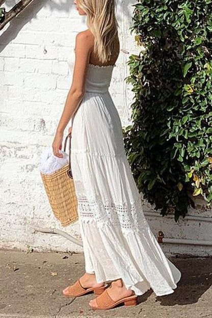 Rosiedress Strapless Tube Hollow Out Lace Splice Tiered Maxi Dress