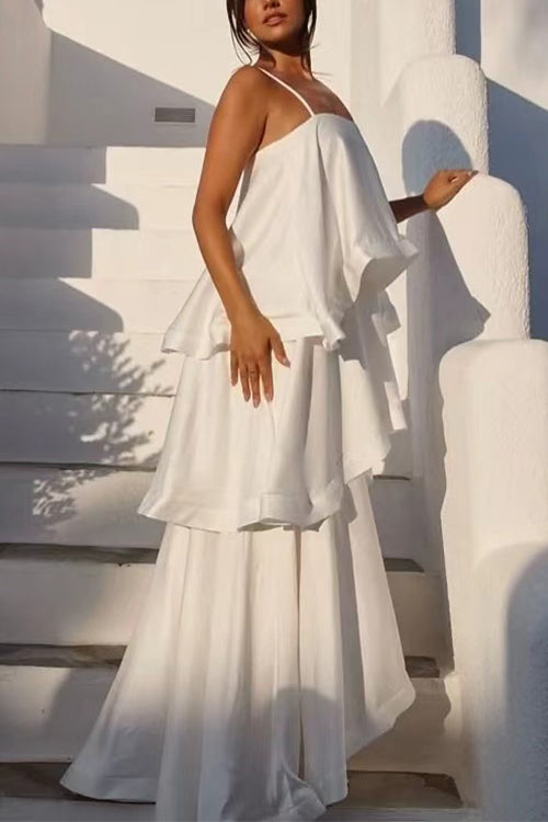 Spaghetti Strap Ruffle Layered Satin Maxi Dress