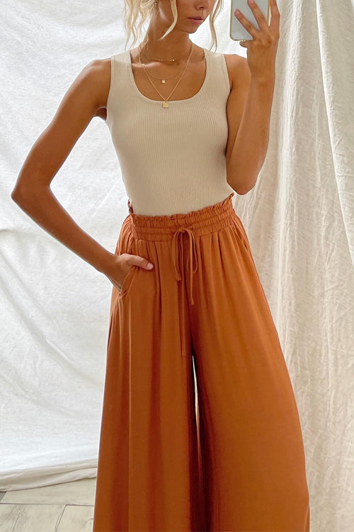 Solid Drawstring Elastic Waist Wide Leg Palazzo Pants Orange