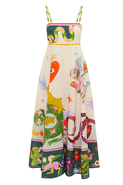 Rosiedress High Waist Cartoon Printed Swing Maxi Cami Dress