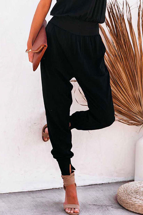 Rosiedress Solid Side Split Pockets Jogger Pants Black