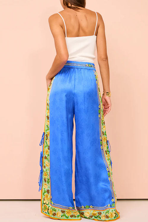 Rosiedress Bow Tie Side Split Cami Top Wide Leg Pants Printed Satin Set