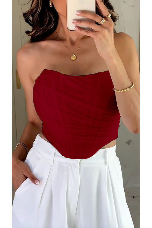 Strapless Off Shoulder Mesh Corset Top Burgundy