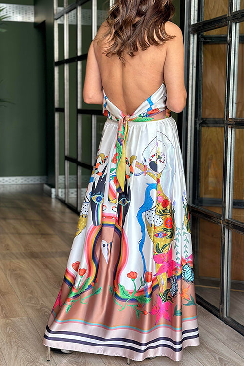 Rosiedress Unique Print Cowl Neck Tie Knot Backless Top and Pocketed Maxi Skirt Set