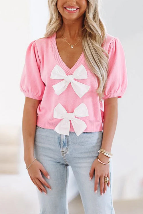 Rosiedress V Neck Short Sleeves Bow Knot Knit Top