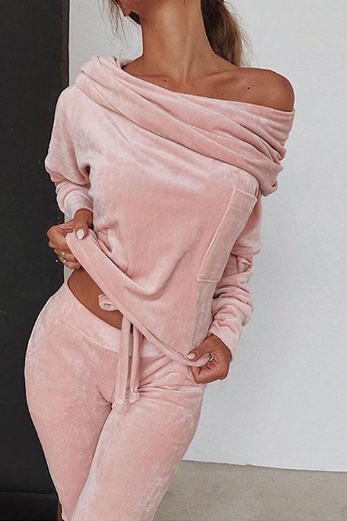 Rosiedress Keeley Off Shoulder Drawstring Top Long Pants Set Pink