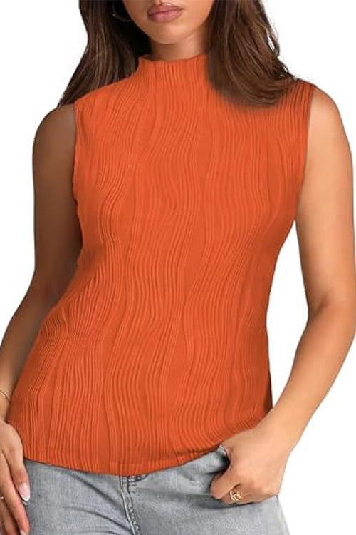 Sleeveless Mockneck Textured Summer Top Orange