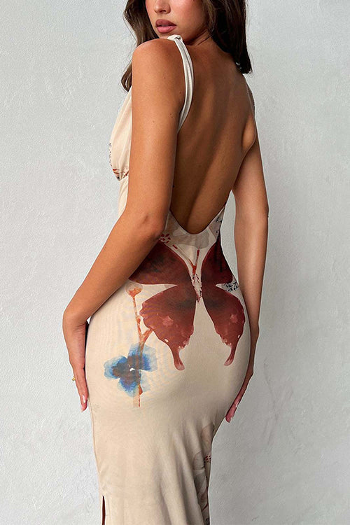 Rosiedress V Neck Sleeveless Open Back Side Slit Printed Maxi Dress