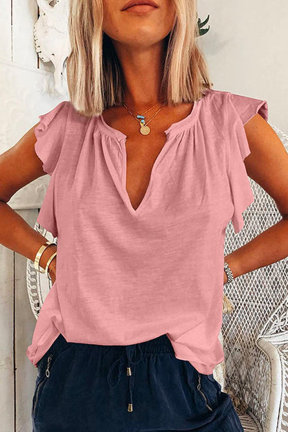 V Neck Solid Ruffle T-shirt Pink