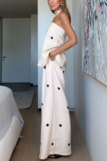 Ensemble haut bustier à pois et pantalon palazzo à jambes larges