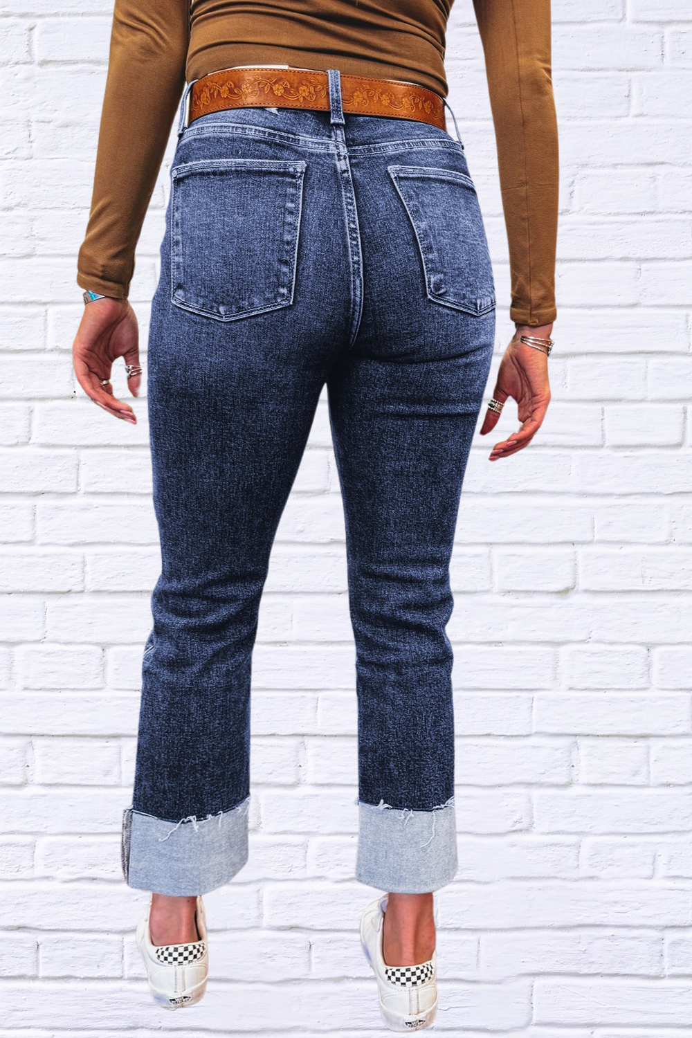 Folded Cuffs Distressed Straight High Waist Jeans