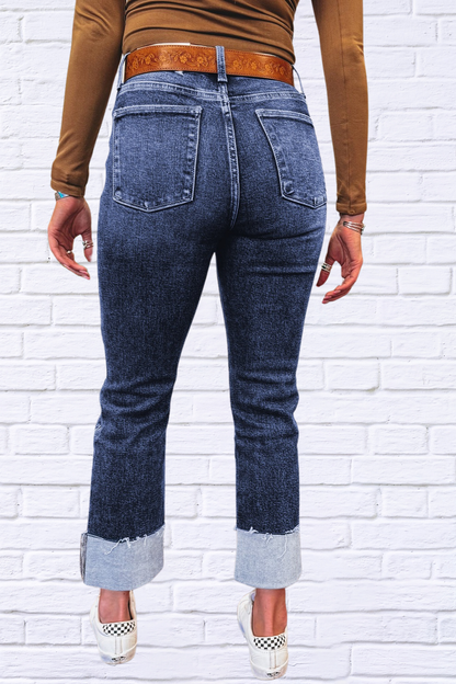 Folded Cuffs Distressed Straight High Waist Jeans