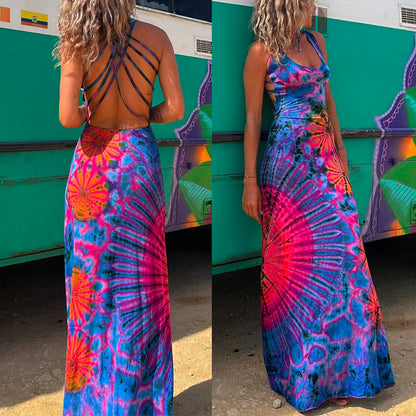 Rosiedress Strappy Backless Tie Dye Maxi Dress Blue