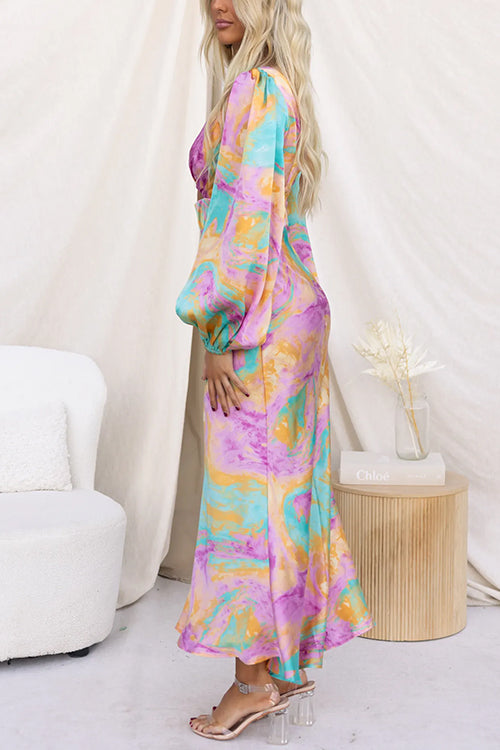 V Neck Long Sleeves Cut Out Printed Maxi Dress